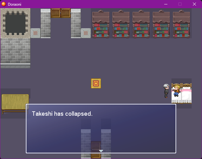 Gameplay of Dora Oni showing a man collapsed on a bed.